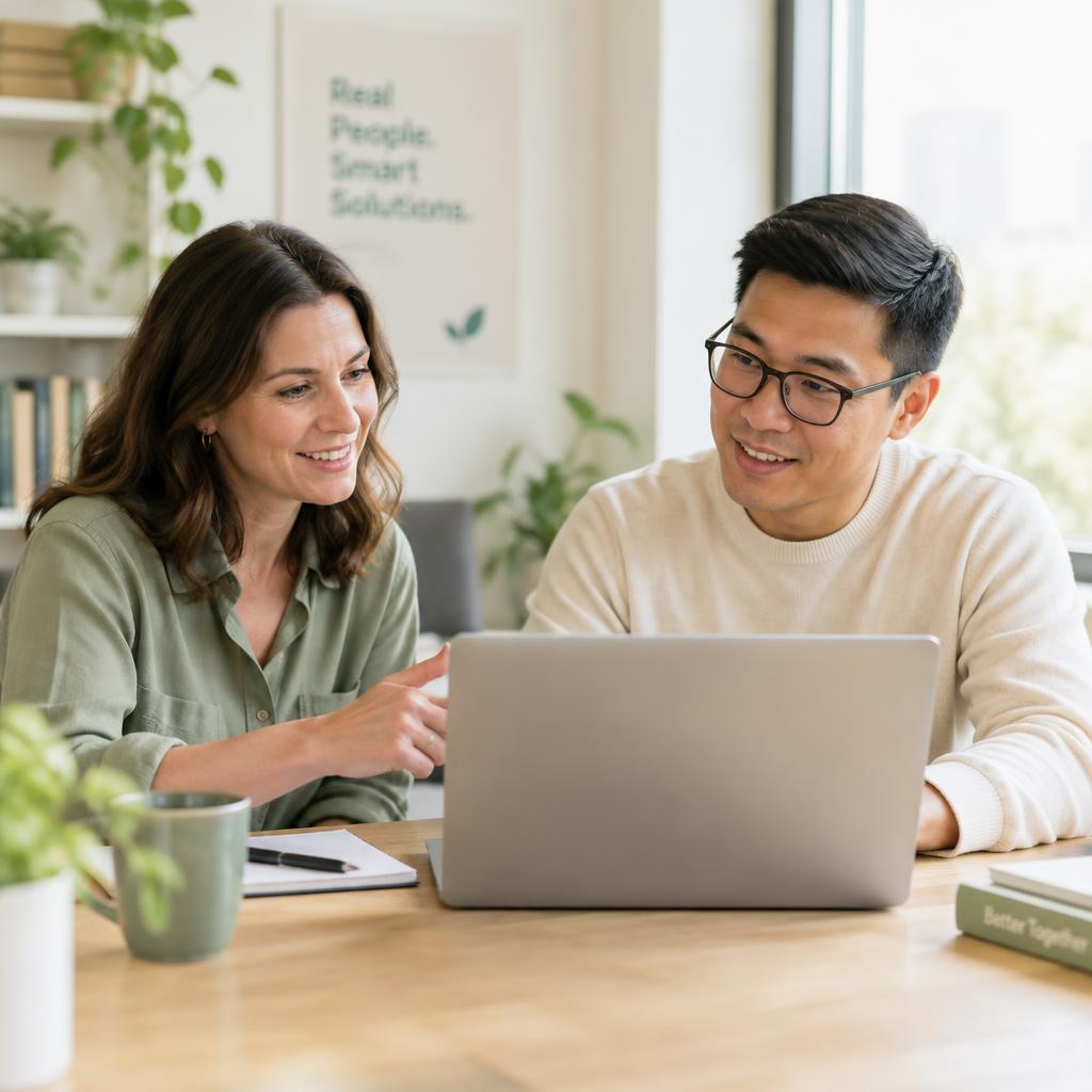 A subject-matter expert and an AI consultant collaborating over a laptop